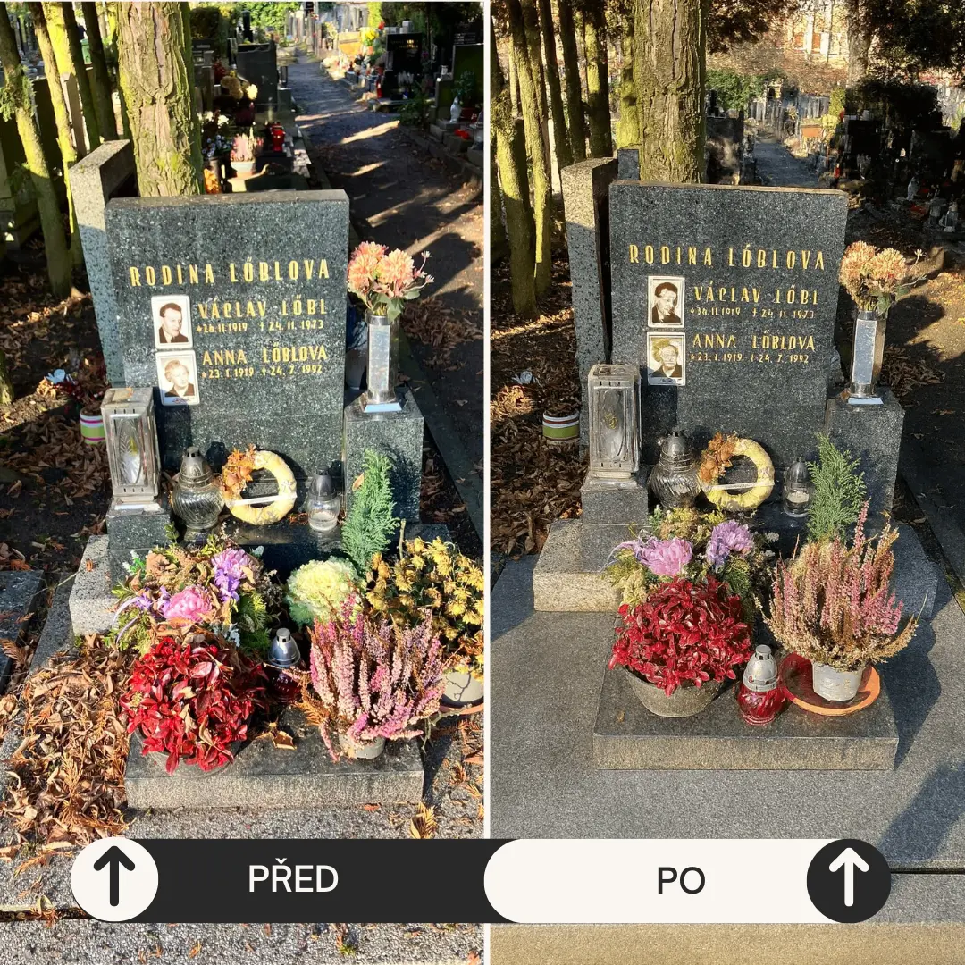 Úklid hrobu Mělník - před a po údržbě
