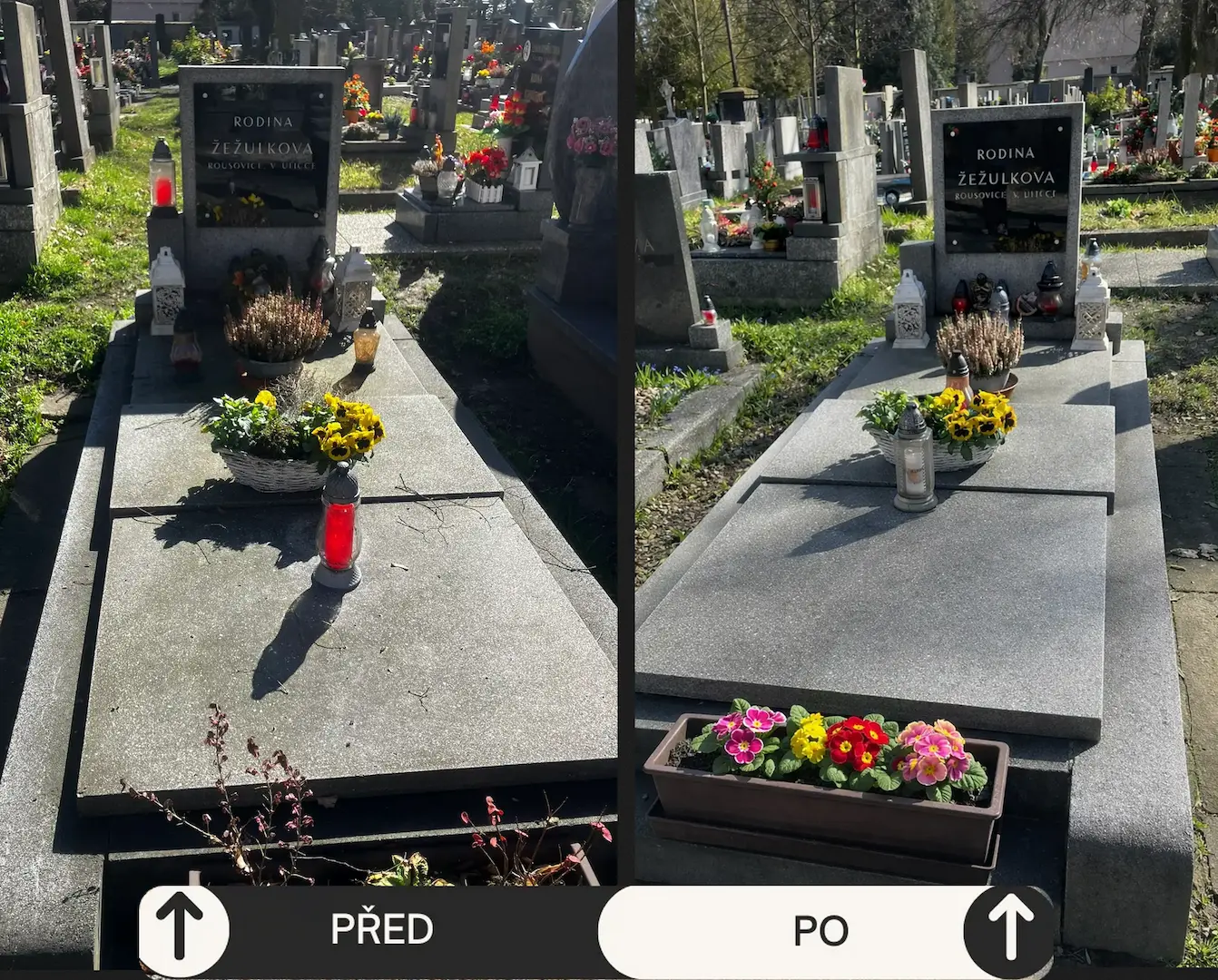 Úklid hrobu Mělník - před a po údržbě