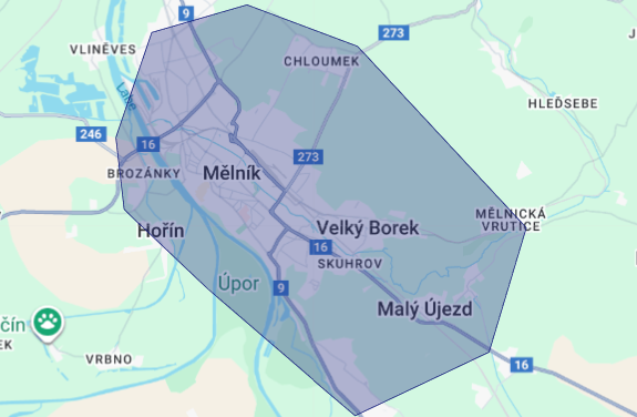 Mapa oblastí působnosti - doprava zdarma v okolí Mělníka