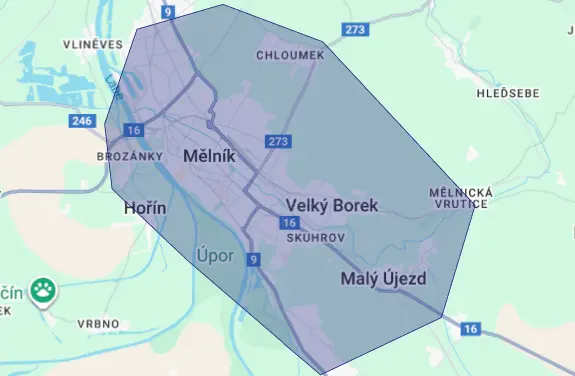 Mapa oblastí působnosti - doprava zdarma v okolí Mělníka
